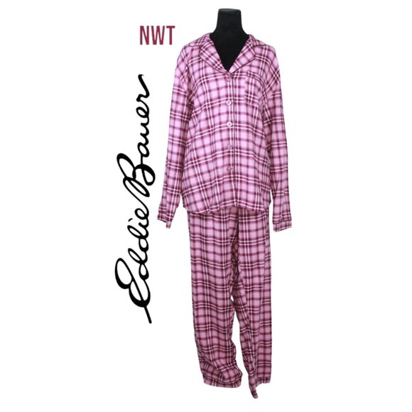 NWT Eddie Bauer Pink Plaid Flannel Pajama Set Size XL - Picture 1 of 8